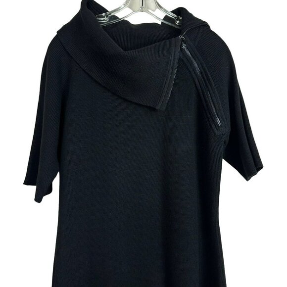Calvin Klein Black Zip Cowl Neck Knit Sweater Dress Asymmetric Short Sleeve M - Picture 5 of 13